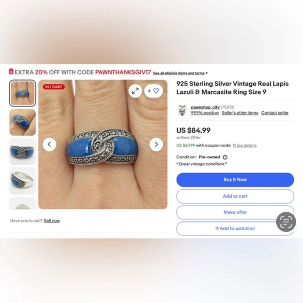 Rare Real Lapis Lazuli 925 Sterling Marcasite Heavy Weight Band Ring 8
